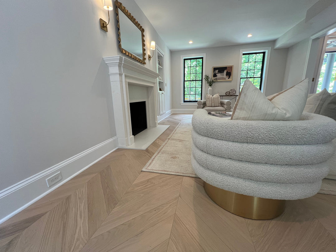 chevron flooring near fireplace