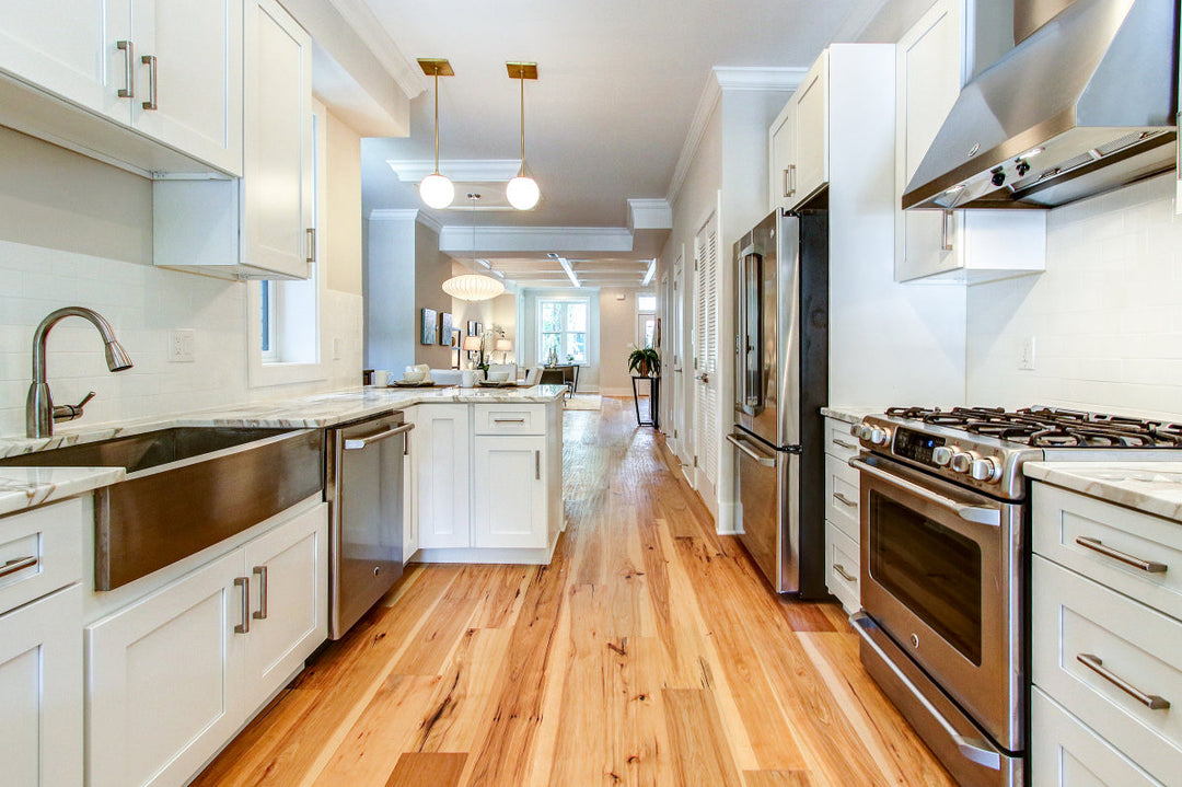 distressed hickory flooring in kitchen