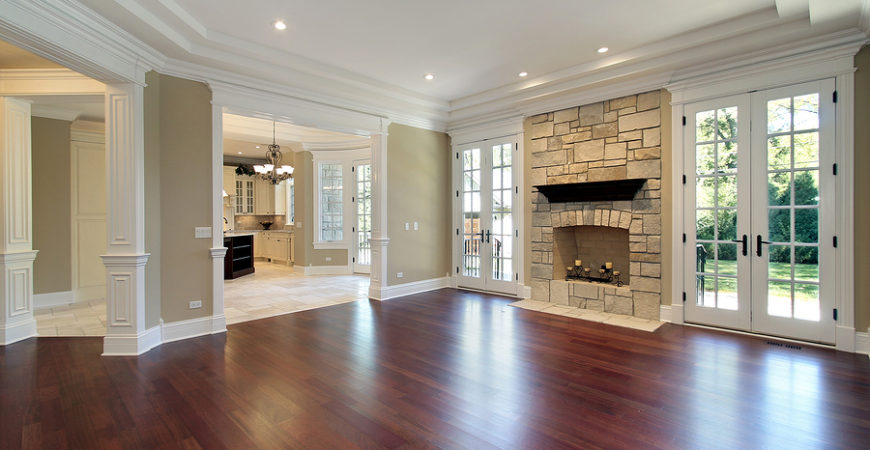 hardwood floor with fireplace