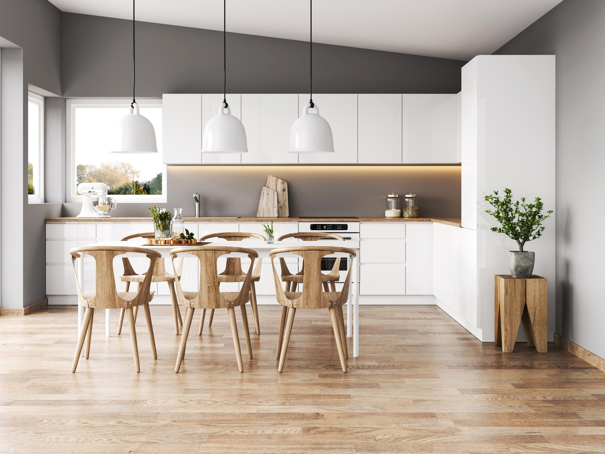 Interior of modern kitchen with vinyl flooring